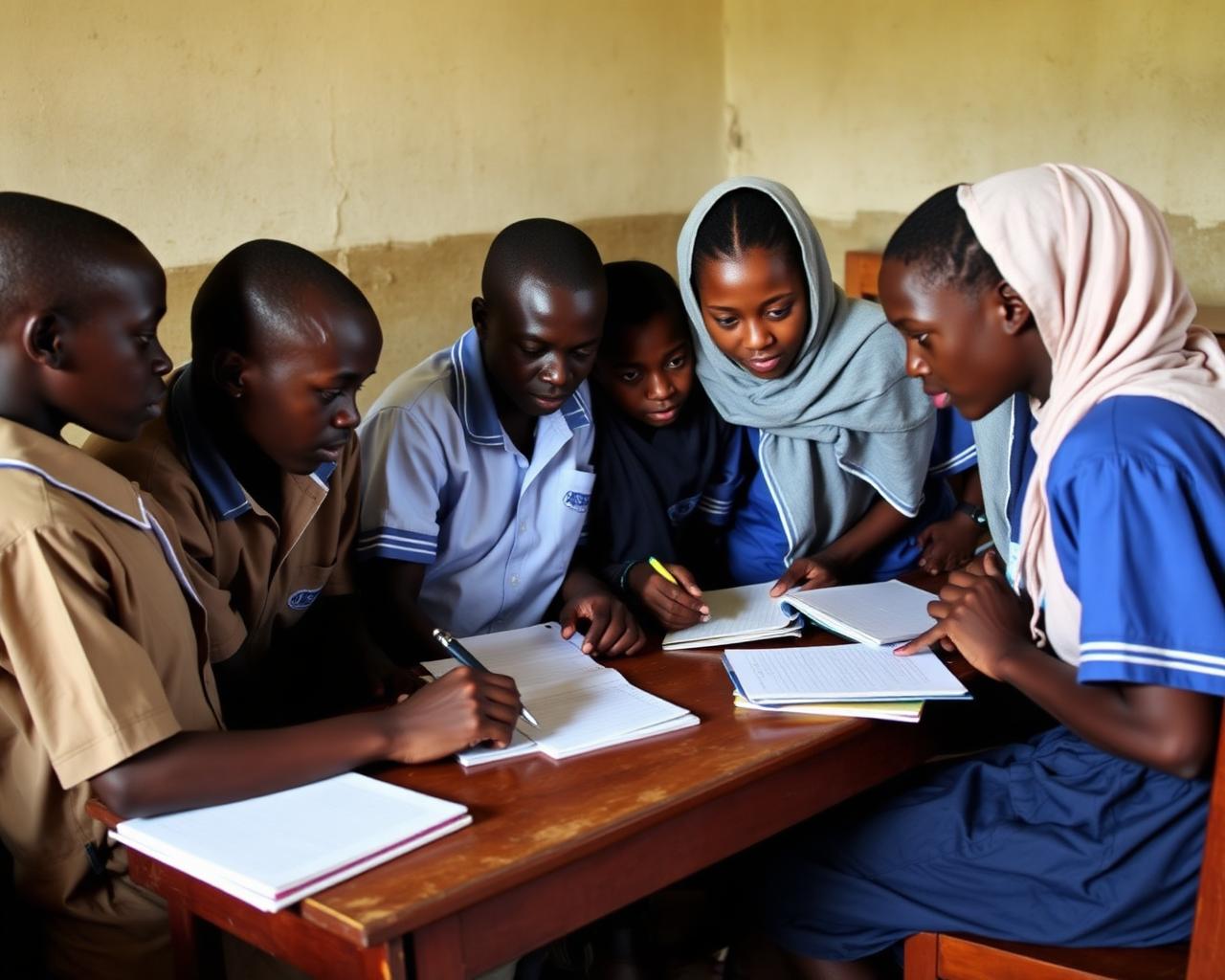 Groupe d'élèves du collège travaillant ensemble sur un exercice autour d'une table