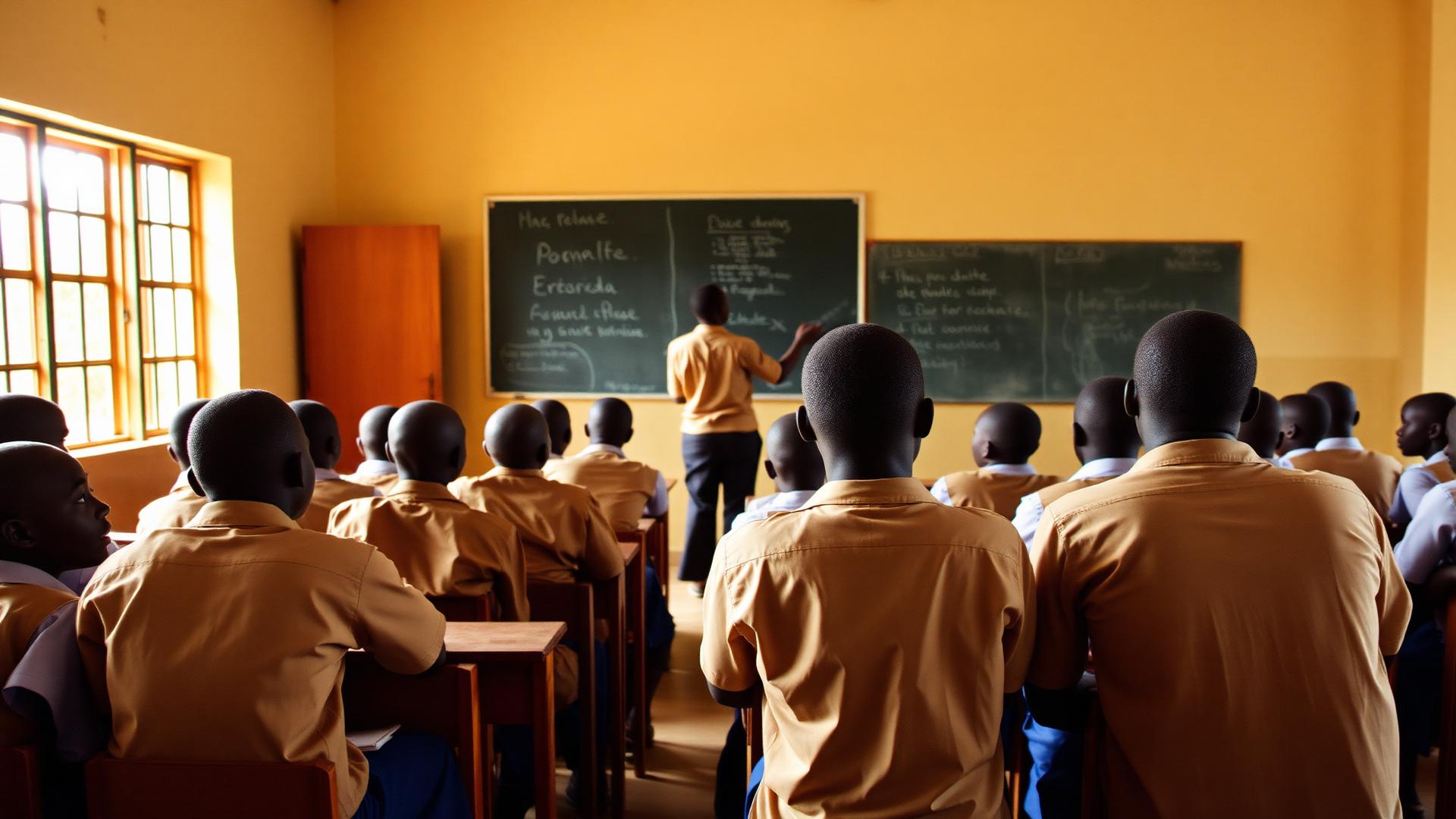 Classe du Collège Philadelphie de Bouaké pendant un cours, élèves en uniforme kaki et bleu-blanc face au tableau