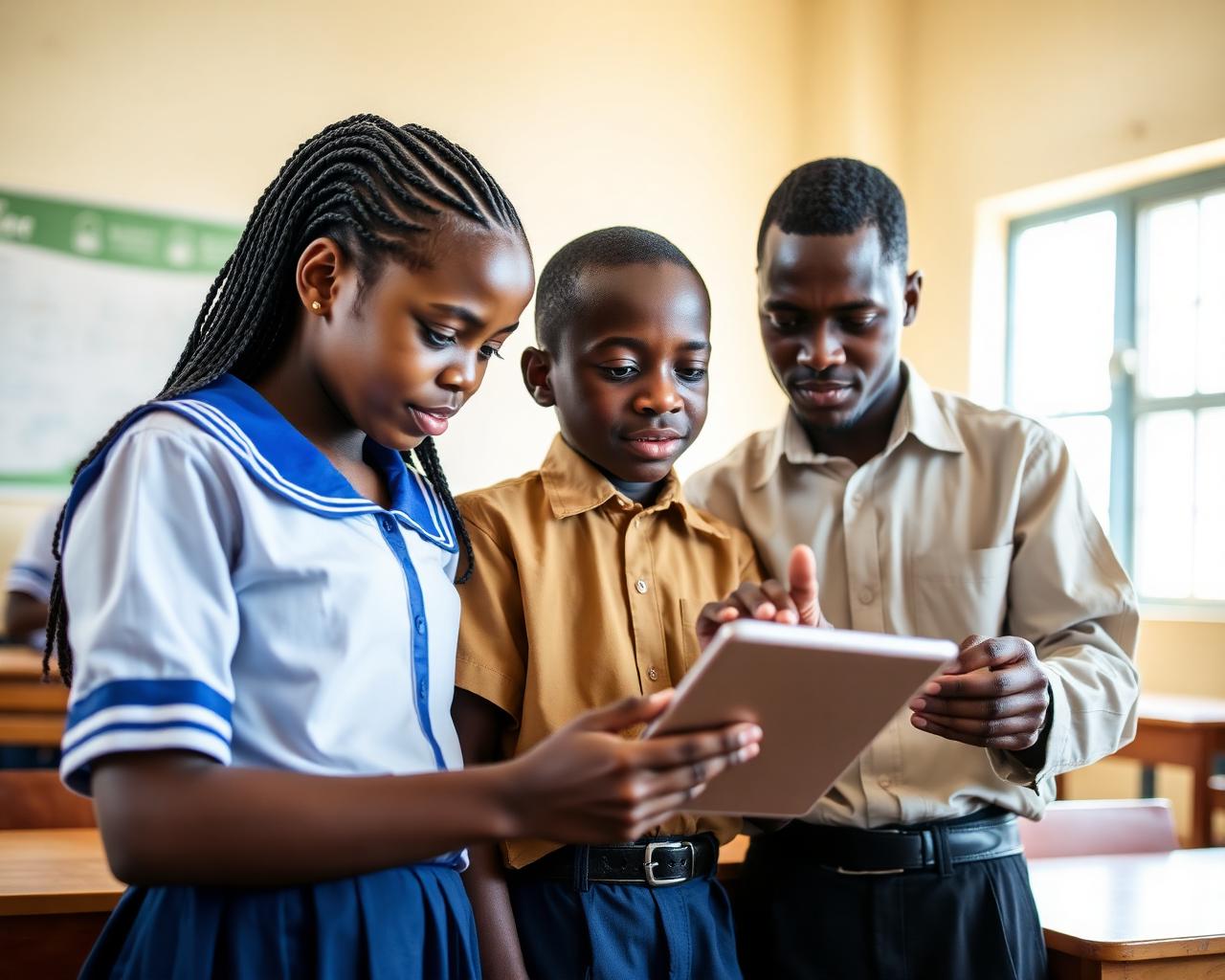 Deux élèves en uniforme consultant une tablette avec leur enseignant au collège