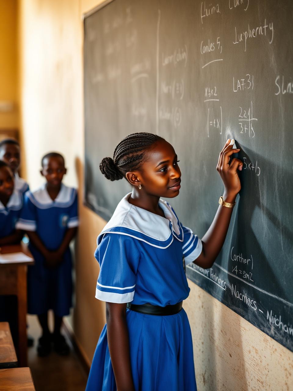 Élève en uniforme bleu et blanc résolvant un exercice de mathématiques au tableau devant sa classe