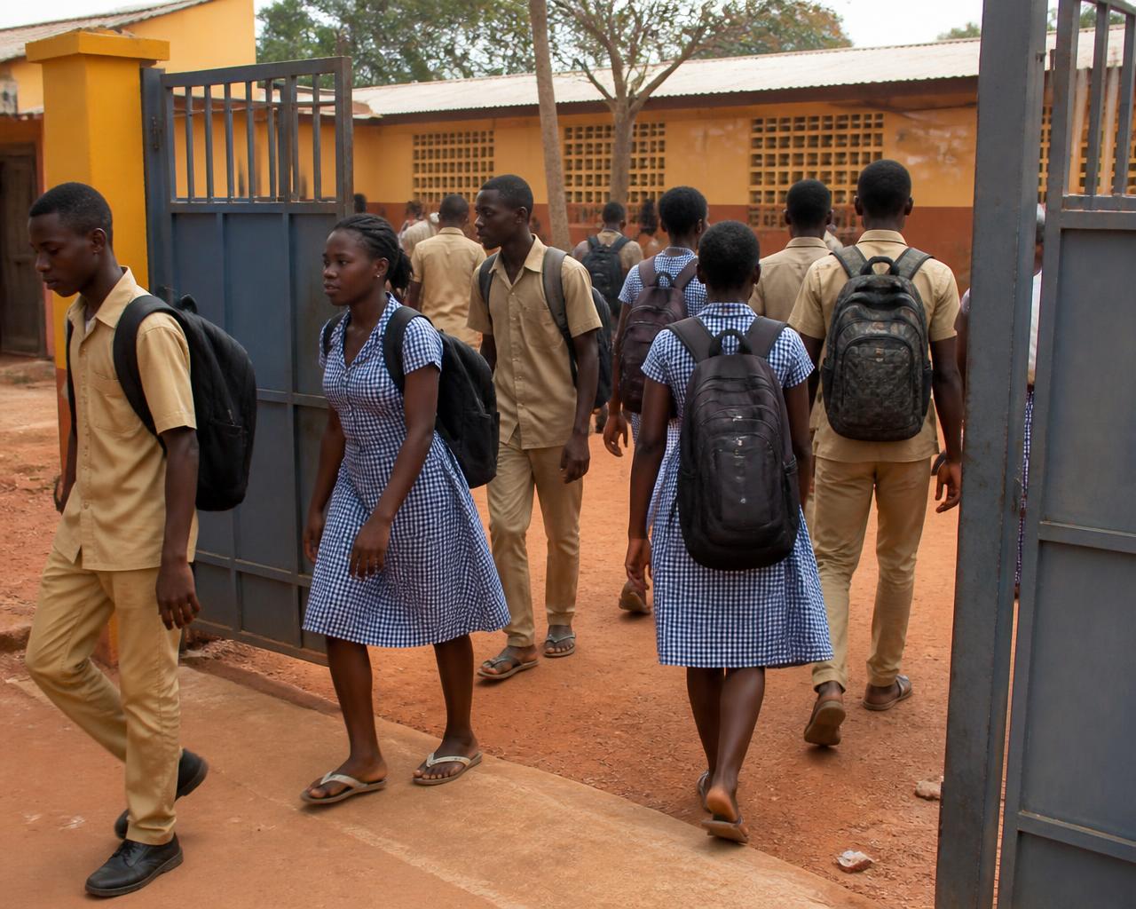 Élèves arrivant au collège le matin, sacs sur le dos