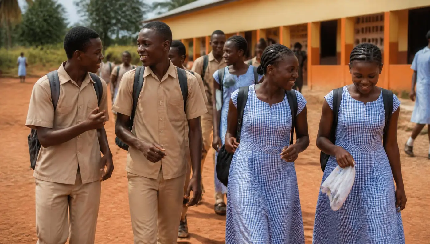 Élèves du collège marchant et discutant dans la cour